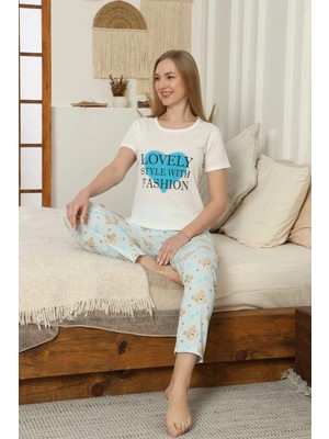 FullaModa Ayıcıklı Çizgili Bisiklet Yaka Pijama Takımı