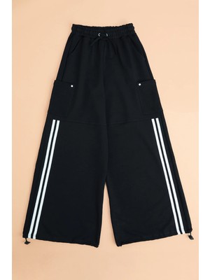 FullaModa Beli Lastikli Çizgili Paçası Stoperli Kız Çocuk Eşofman Altı