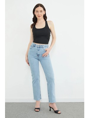 FullaModa Yüksek Bel  Kesik Paça Jean