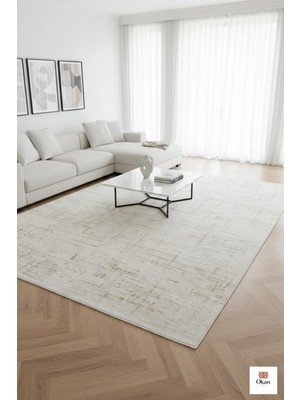 Modern Eskitme Desenli Akrilik Halı - Leke Tutmaz & Sık Dokuma - Bej/krem Melanj