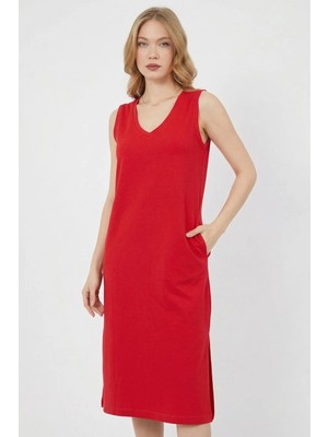 FullaModa Basic Yırtmaçlı Cepli Midi Boy Elbise