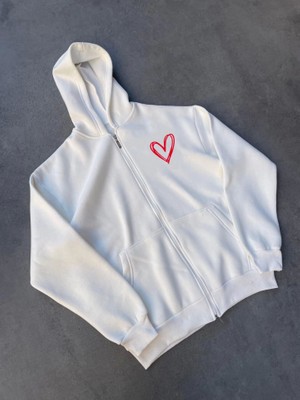 Pusula Sepeti Üç Iplik Baskılı Fermuarlı Kapşonlu Hırka - Beyaz