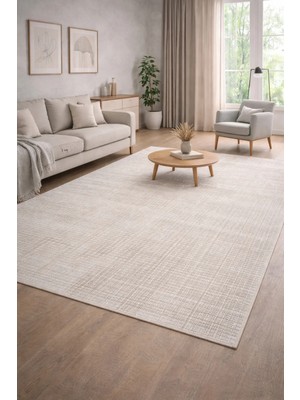 Modern Krem Dokulu Halı – Minimal Grid Desen, Yumuşak Yüzey, Pamuk Jüt Tabanlı, Salon Halısı