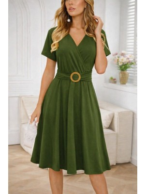 Equri Kadın Kısa Kollu Kruvaze Yakalı Önden Toka Detaylı Kısa Viskon Elbise