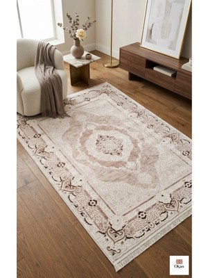 Prestige Exclusive: Sanat Eseri Dokusunda Vizon Pudra Madalyon Salon Halısı Akrilik 9mm Hav Premium