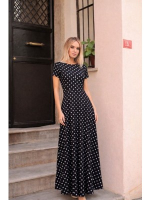 Civetta Kadın Kısa Kollu Bisiklet Yaka Puantiyeli Maksi Örme Krep Elbise