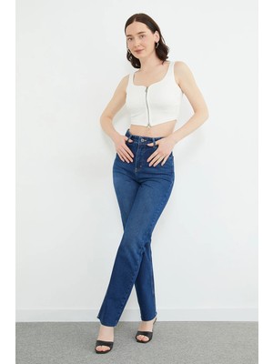FullaModa Yüksek Bel  Kesik Paça Jean