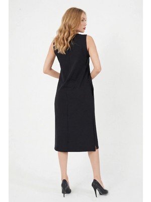 FullaModa Basic Yırtmaçlı Cepli Midi Boy Elbise
