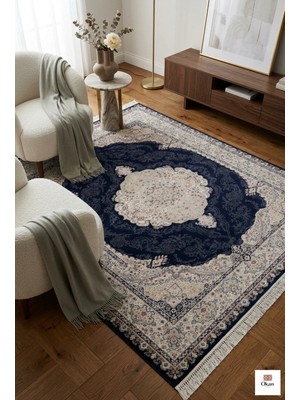 Royal Heritage Exclusive: Sanat Eseri Dokusunda Lacivert Madalyon Salon Halısı