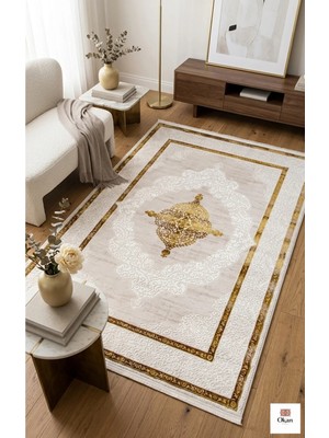 Premium Altın Varaklı Klasik Madalyon Salon Halısı - 9mm Hav Yüksekliği Pamuk Taban, Kemik Gold Seri