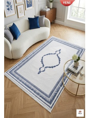 Aura Rugs Mavi Madalyon Desenli Akrilik Modern Salon Halısı - Dokuma Tabanlı 8mm Hav Yüksekliği