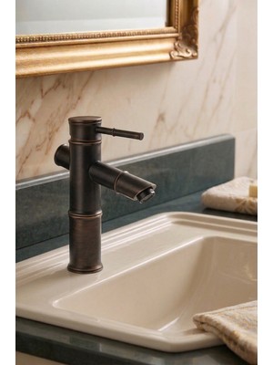 Ralken Bambu Gövde Siyah Lavabo Bataryası - Siyah Antik Sabit Lavabo Musluğu %100 Pirinç