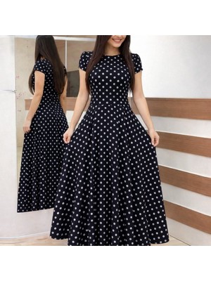 Nidam Butik Kadın Kısa Kollu Bisiklet Yaka Puantiyeli Maksi Örme Krep Elbise