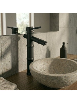 Ralken Bambu Gövde Siyah Çanak Lavabo Bataryası - Siyah Sabit Çanak Lavabo Musluğu %100 Pirinç