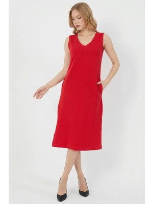 FullaModa Basic Yırtmaçlı Cepli Midi Boy Elbise