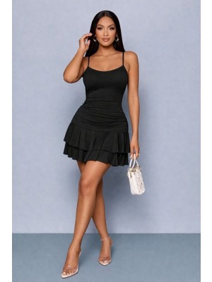 Gökyüzü Moda Kadın Ip Askılı Yuvarlak Yaka Büzgülü Kısa Sandy Elbise