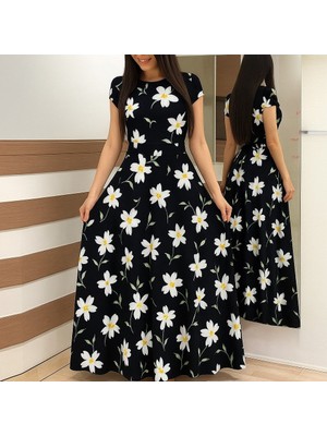 Bet's  Kadın Kısa Kollu Bisiklet Yaka Puantiyeli Maksi Örme Krep Elbise