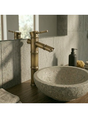 Ralken Bambu Gövde Rustik Çanak Lavabo Bataryası - Antik Retro Çanak Lavabo Musluğu %100 Pirinç