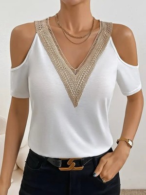 Bi Baksana Kadın Omuzlardan Açık V Yakalı Viskon Bluz