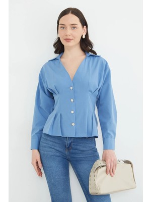 FullaModa Beli Pensli Pileli  Gömlek