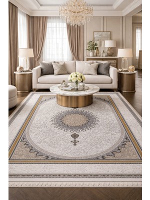 Modern Klasik Gri Bej Gold Detaylı Salon Halısı Yumuşak Dokulu, Sık Dokuma, Leke Tutmaz Premium Halı