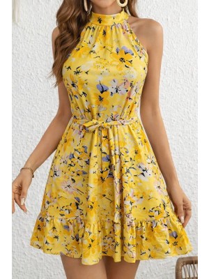 Arben Boutique Kadın Omuzlardan Açık Balıkçı Yakalı Kuşaklı Desenli Kısa Süprem Elbise