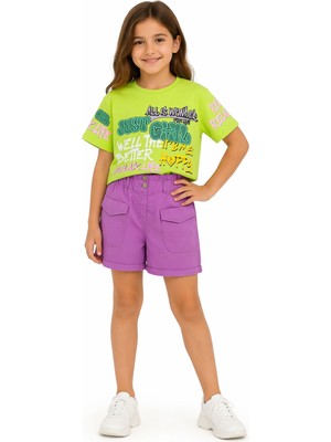 İrem Çocuk Giyim Kız Çocuk Just Chill Yazı Desenli Crop Tişört Keten Şortlu İkili Takımı