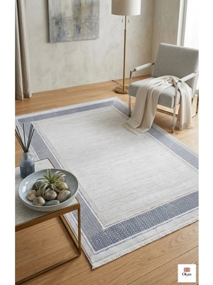 Premium Mavi Kenarlı Iskandinav Tarzı Halı - Leke Tutmaz, Toz Vermez Salon ve Oda Halısı