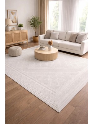 Modern Kabartmalı Halı Krem Geometrik Desenli Akrilik 8 mm Hav Salon Yatak Odası Antre Halı