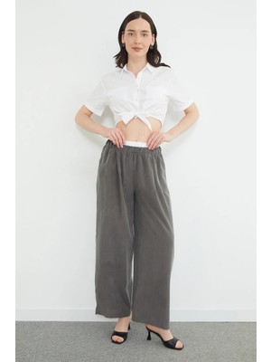 FullaModa Beli Garnili Tencel Kumaş Pantolon