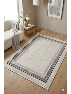 Premium Modern Çerçeveli Salon Halısı - 9mm Hav Yüksekliği, Pamuk Taban, Vizon Antrasit Çizgili