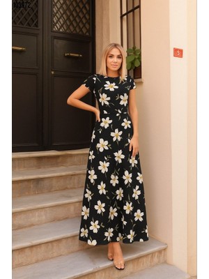 Emh Store Kadın Kısa Kollu Bisiklet Yaka Puantiyeli Maksi Örme Krep Elbise