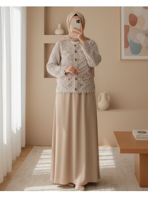 Moda Morfo Çiçek Nakışlı Ponponlu Ajurlu Triko Hırka Taş Renk Pamuk-Polyester Kadın Rahat Stil