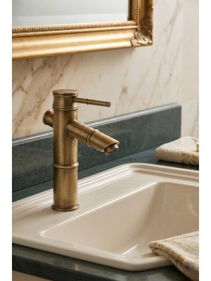 Ralken Bambu Gövde Rustik Lavabo Bataryası - Retro Antik Sabit Lavabo Musluğu %100 Pirinç