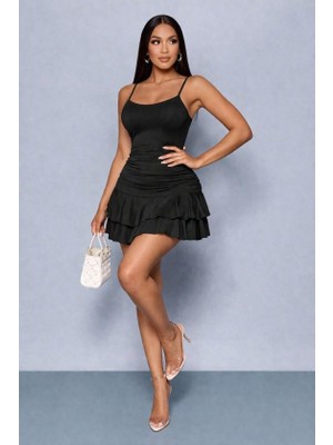 Sidelya Concept Kadın Ip Askılı Yuvarlak Yaka Büzgülü Kısa Sandy Elbise