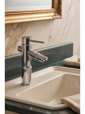 Ralken Bambu Gövde Krom Lavabo Bataryası - Krom Sabit Lavabo Musluğu %100 Pirinç