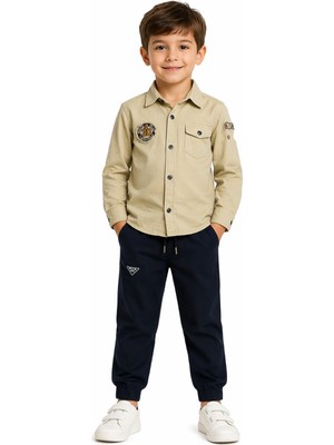 İrem Çocuk Giyim Erkek Çocuk Armalı Keten Gömlek Keten Pantolon Tişörtlü Bej Renk Üçlü Takım