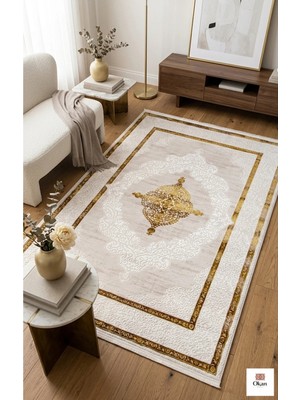 Premium Altın Varaklı Klasik Madalyon Salon Halısı - 9mm Hav Yüksekliği Pamuk Taban, Kemik Gold Seri