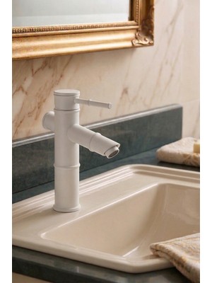 Ralken Bambu Gövde Beyaz Lavabo Bataryası - Beyaz Antik Sabit Lavabo Musluğu %100 Pirinç