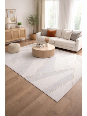 Modern Geometrik Halı Krem Gri Gold Çizgili Akrilik 8 mm Hav Yüksekliği Salon Yatak Odası Antre Halı