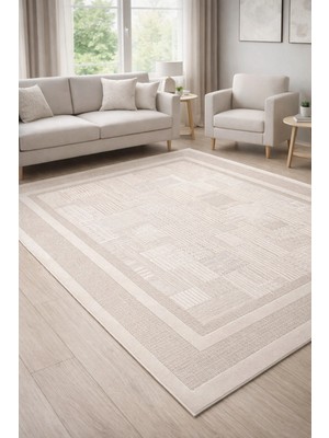 Modern Krem Bej Patchwork Halı Jüt Tabanlı Dokulu Salon Halısı