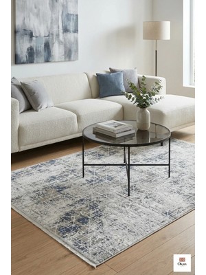 Premium Modern Soyut Desenli Akrilik Salon Halısı - Gri Mavi Eskitme Geometrik Tasarım