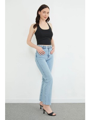 FullaModa Yüksek Bel  Kesik Paça Jean