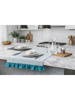 %100 Pamuk Polyester Faralya Life Ekose Fırfırlı Runner 45X140 cm Pamuklu Masa Runner Dekoratif Masa Örtüsü