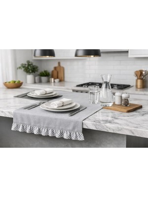 %100 Pamuk Faralya Life Ekose Fırfırlı Runner 45X140 cm Pamuklu Masa Runner Dekoratif Masa Örtüsü