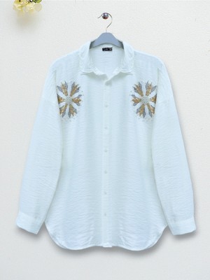 Moda Morfo Pullu Güneş Nakışlı Gömlek -Ekru