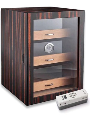 Cigarloong Elektronik Nemlendiricili Camlı 3 Çekmeceli Puro Kutusu Humidor Abanoz