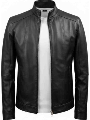 Moda Erkek Siyah Fermuarlı Hakim Yaka Düz Hakiki Deri Ceket