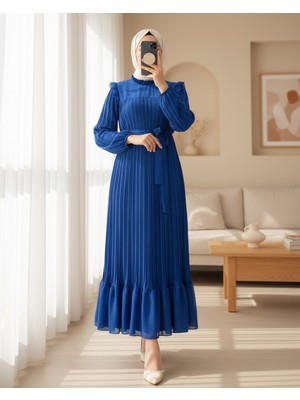 Moda Morfo Önü Robalı Kolları ve Bedeni Piliseli Elbise      -Mavi