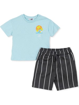 Hellobaby Erkek Bebek Tişört-Şort Palmiye Baskılı Bağcıklı Bisiklet Yaka Short Sleeve Reçme